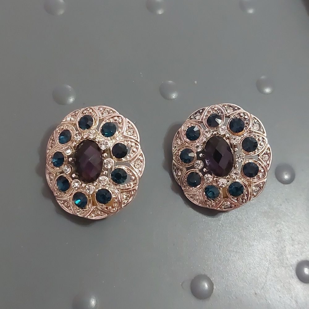 Vintage Round Rhinestone Accented Silver Tone Clip On Earrings